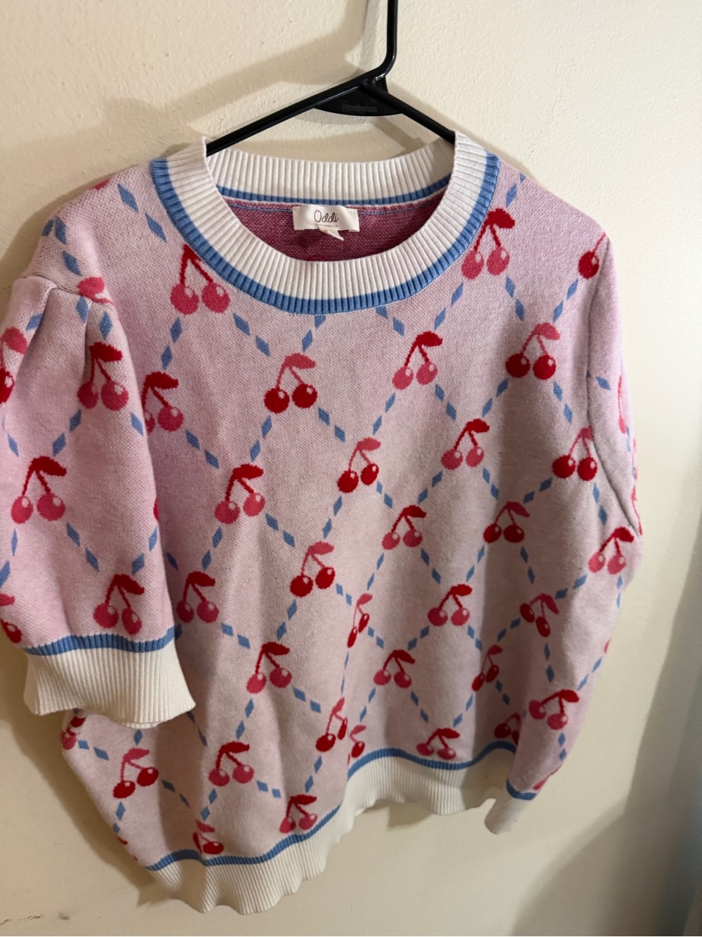NWOT ODDI Size 2xl Pink Cherry-Print short puff sleeve Crewneck Sweater